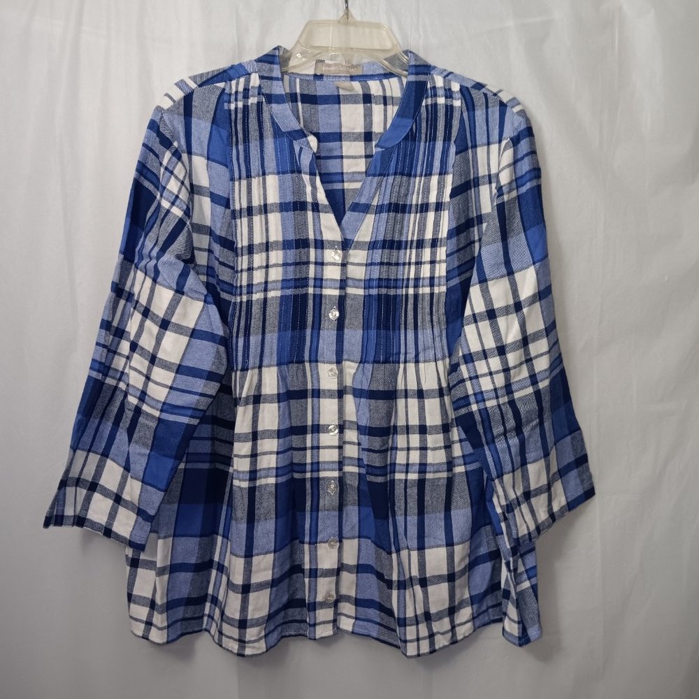 WOMAN WITHIN PINTUCKED FLANNEL PLAID PRINT BUTTON DOWN SHIRT
